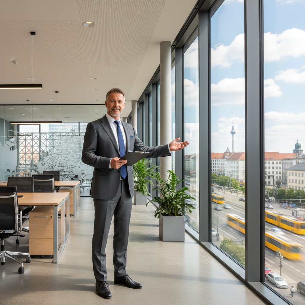 A photorealistic image of a professional businessperson standing confidently in a modern, well-lit commercial office space in Germany, with large windows showing a cityscape view, symbolizing the leasing of commercial properties for business purposes. The atmosphere is professional and inviting, emphasizing opportunity and legal business agreements without focusing on documents.