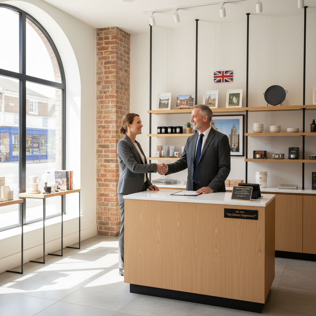 A photorealistic image of a professional retail store interior in the United Kingdom, featuring a shopkeeper and a customer shaking hands over a lease agreement in the background, symbolizing a retail lease agreement. The scene conveys trust and business partnership in a modern retail environment with UK elements like union jack subtly in decor, no children present.