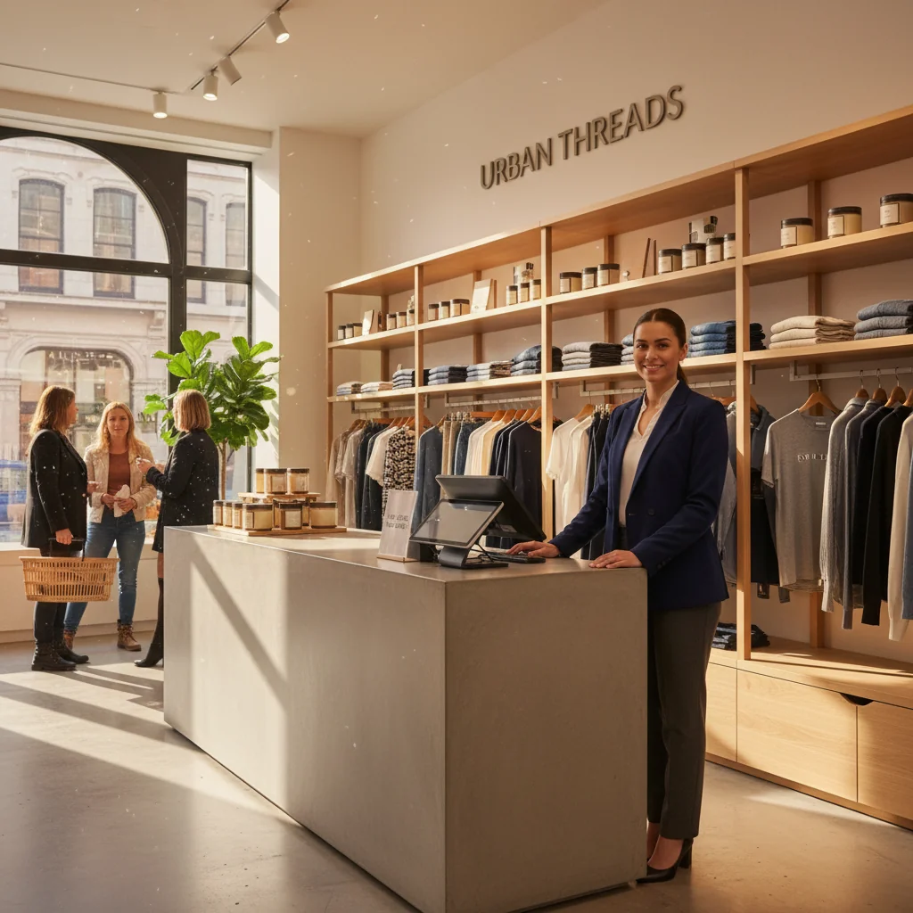 A photorealistic image of a professional retail store interior in the United Kingdom, featuring a well-dressed adult shop owner or manager standing confidently behind a modern counter, with neatly arranged merchandise on shelves in the background, evoking the essence of commercial leasing and retail business setup, no legal documents visible, no children present.