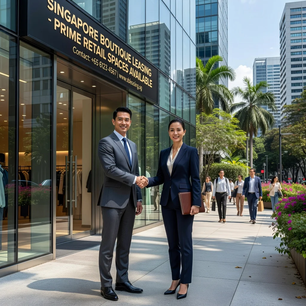 A photorealistic image depicting a modern retail storefront in a bustling Singapore shopping district, with a professional landlord and tenant shaking hands in agreement outside the store, symbolizing a retail lease agreement. The scene captures the vibrant urban environment of Singapore, including elements like the Merlion statue in the background or tropical architecture, emphasizing business partnership and commercial real estate without focusing on any legal documents.