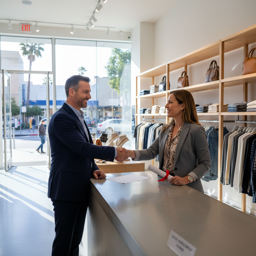 A photorealistic image of a professional retail store interior in the United States, featuring a confident adult business owner shaking hands with a leasing agent across a counter, symbolizing the agreement of a retail lease, with shelves of products in the background and natural light coming through large windows, no children present.