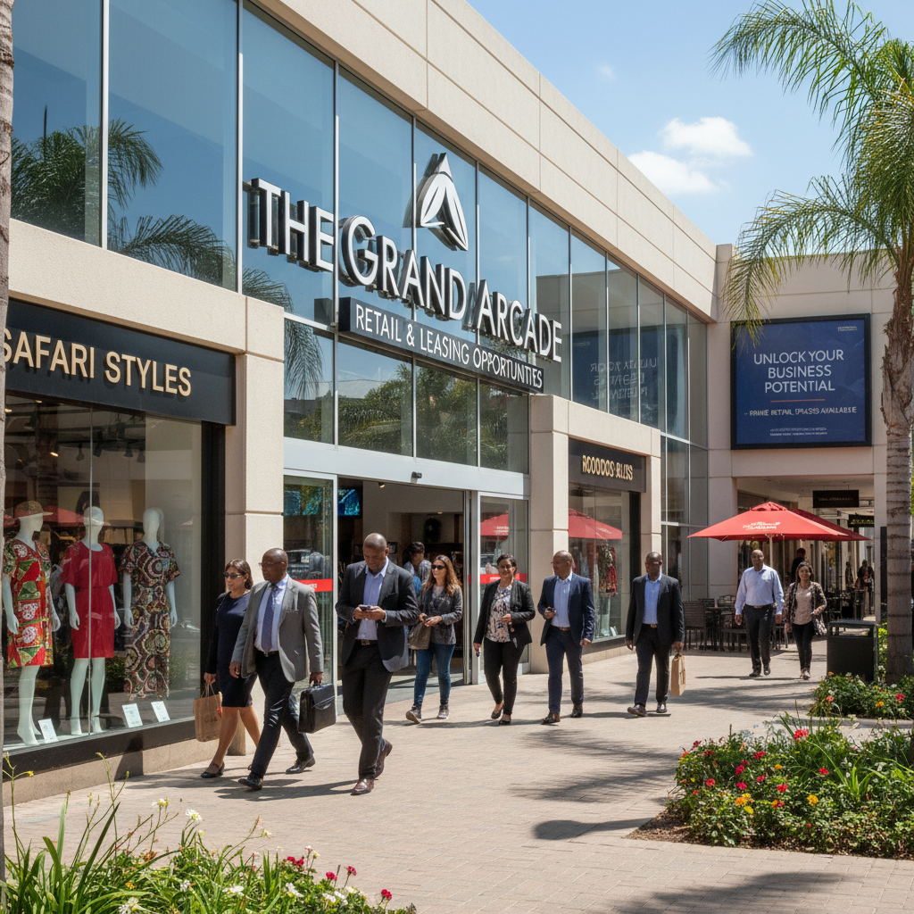 A photorealistic image of a modern retail storefront in South Africa, featuring a bustling shopping mall entrance with diverse adult shoppers entering and exiting, vibrant signage, and a sense of commercial activity, symbolizing retail leasing and business opportunities.