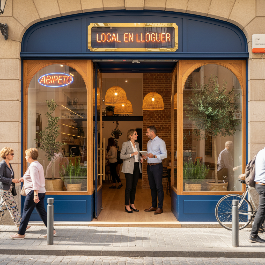 A photorealistic image of a modern commercial storefront in a bustling Spanish city street, with a 'For Rent' sign in the window, symbolizing the leasing of commercial spaces as per Spanish rental agreements, no legal documents visible, no children present.