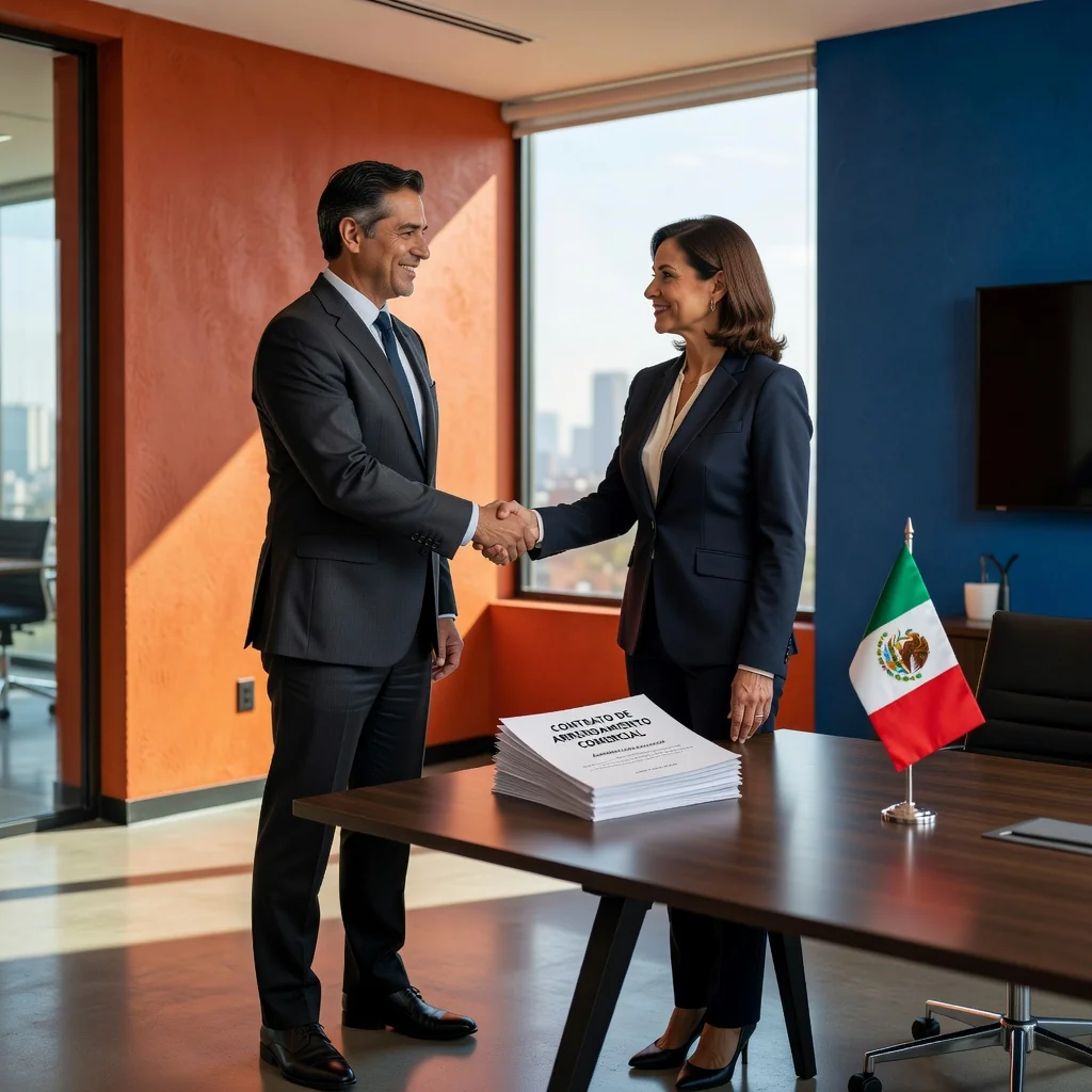 A photorealistic image depicting a professional business handshake between two adults in a modern commercial office space in Mexico, symbolizing the agreement of a commercial lease contract, with subtle Mexican architectural elements in the background like colorful walls or a flag, no children present, highly detailed and realistic photography style.