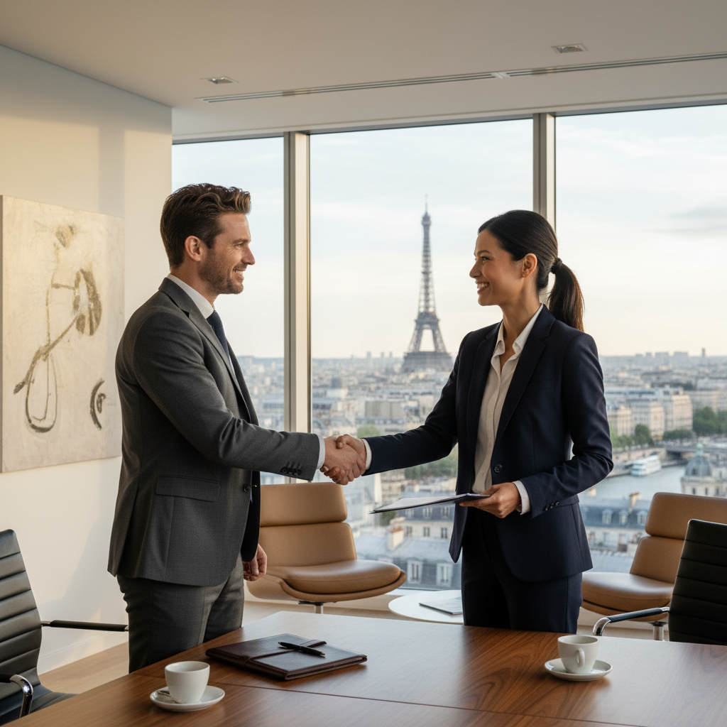 A professional scene representing bail commercial agreements in France, featuring two business professionals shaking hands in a modern French commercial office space with subtle French architectural elements like large windows overlooking a cityscape, symbolizing partnership and legal commitments in commercial leasing, photorealistic style, no children present.