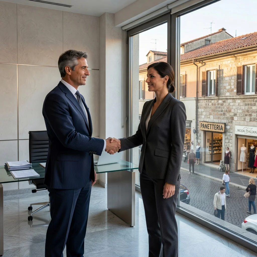 A photorealistic image depicting a professional business handshake between two adults in a modern Italian commercial office space, symbolizing the agreement of a commercial lease contract, with elements like a storefront window in the background to evoke commercial property rental in Italy.