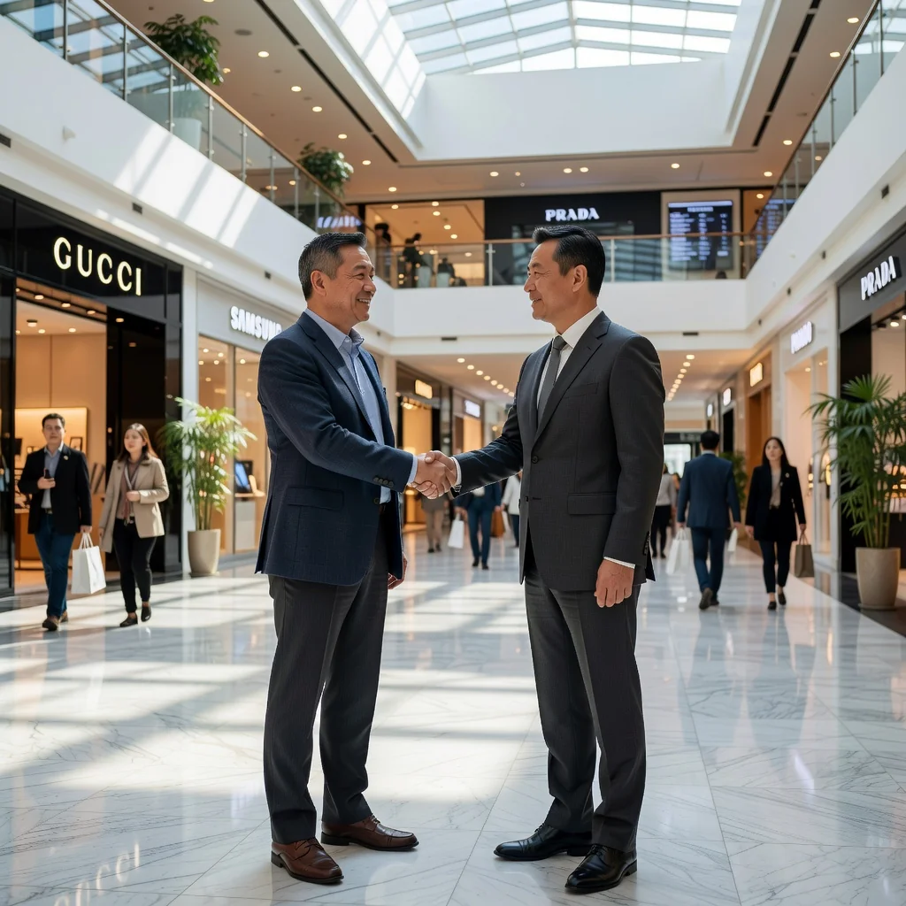 A photorealistic image depicting a professional business handshake between a retail store owner and a commercial landlord in a modern Chinese shopping mall setting, symbolizing the agreement and partnership in retail leasing, with no children present, no legal documents shown.