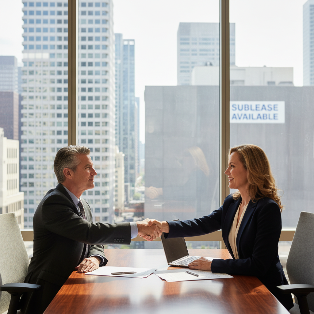 A photorealistic image of two professional adults shaking hands across a desk in a modern commercial office space, symbolizing a business sublease agreement. The setting includes large windows with city views, office furniture, and subtle elements like a 'For Lease' sign on a building in the background, conveying commercial property rental without focusing on documents. No children are present.