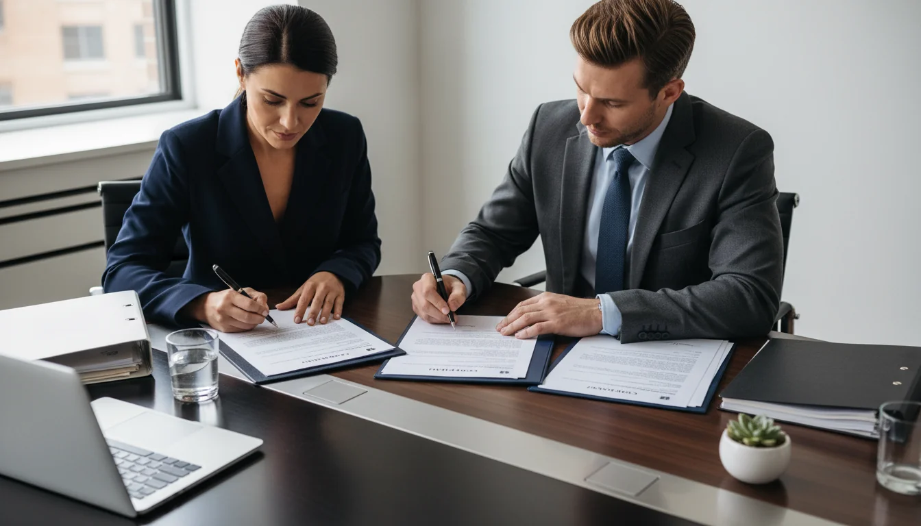 Business owners signing commercial lease contract.