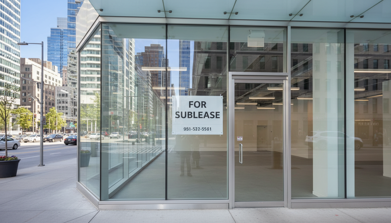 Commercial property for subleasing with sign.