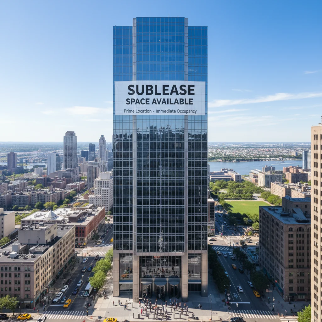 A professional office building with a 'Sublease Available' sign, symbolizing commercial subleasing opportunities in the US business landscape, featuring modern architecture and urban setting to represent real estate agreements without showing legal documents.