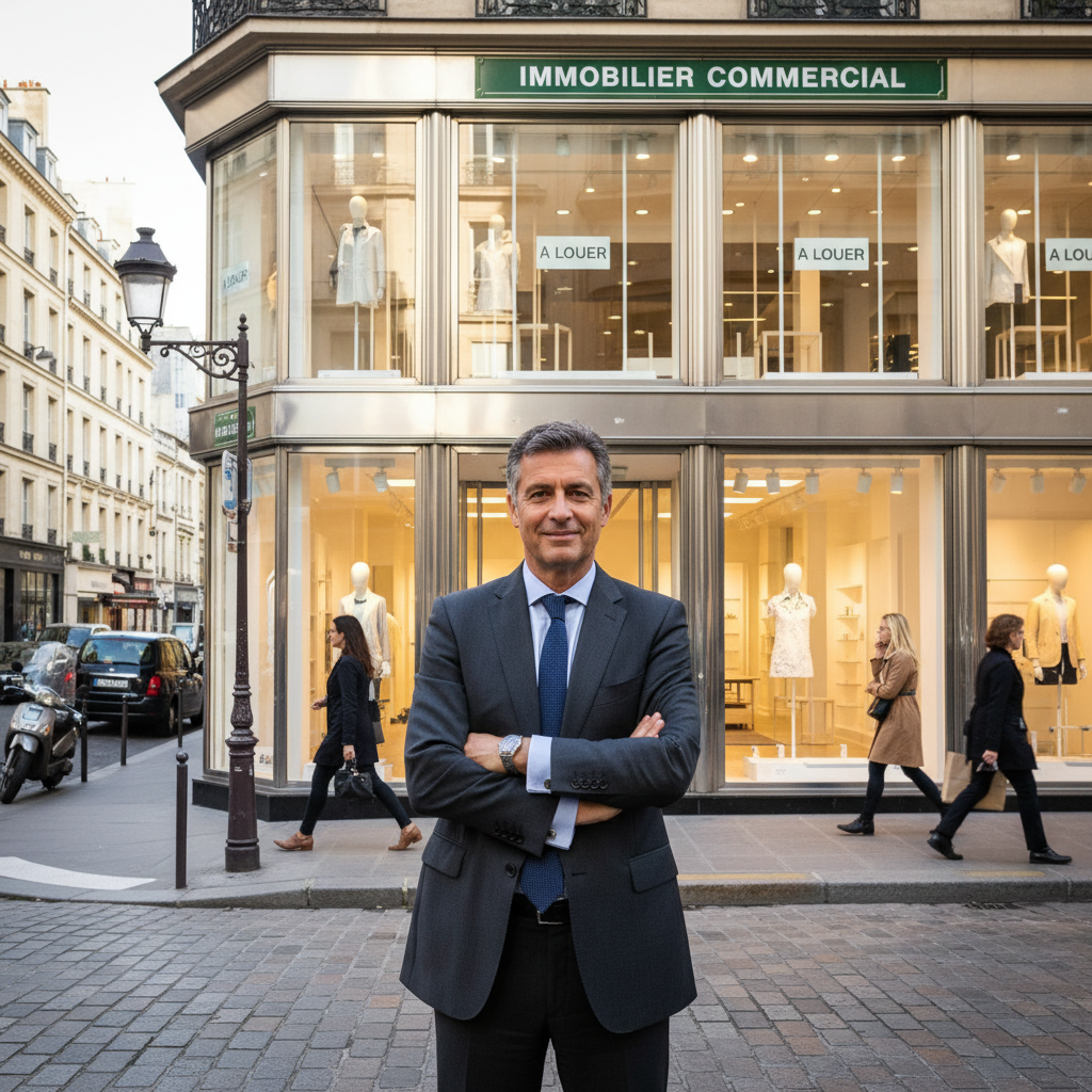 A photorealistic image of a professional businessperson standing confidently in front of a modern commercial storefront in a bustling French urban setting, symbolizing the commercial sublease agreement. The scene captures the essence of renting out business space, with subtle French architectural elements like cafes or shops in the background, evoking opportunity and commerce in France. No children are present in the image.