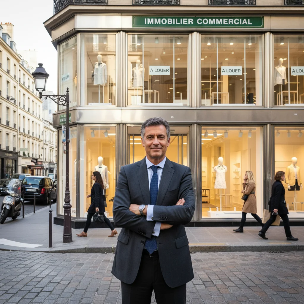 A photorealistic image of a professional businessperson standing confidently in front of a modern commercial storefront in a bustling French urban setting, symbolizing the commercial sublease agreement. The scene captures the essence of renting out business space, with subtle French architectural elements like cafes or shops in the background, evoking opportunity and commerce in France. No children are present in the image.