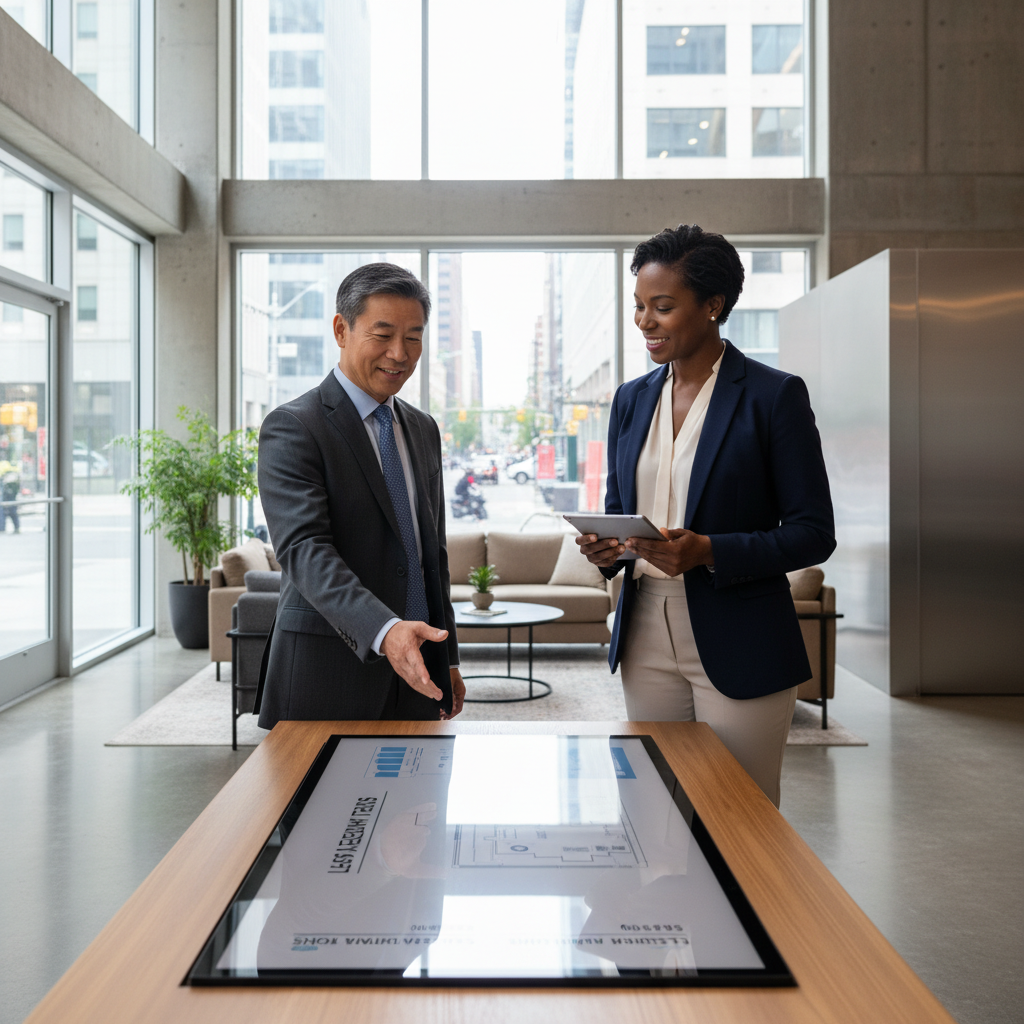 A photorealistic image of a professional businessperson in a modern commercial space, such as a retail store or office, symbolizing the effective management and subleasing of commercial property through a well-drafted agreement. The scene shows the person reviewing a lease agreement with a real estate agent, emphasizing business partnership and commercial real estate activity, with no children present and no focus on the document itself.
