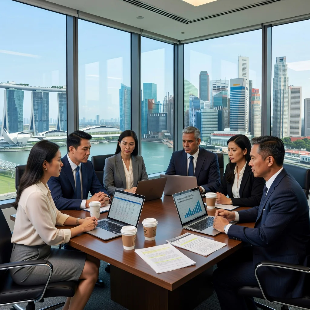 A photorealistic image of a professional business meeting in a modern Singapore office, with adults discussing commercial real estate options, symbolizing the benefits and risks of entering a sublease agreement. The scene includes diverse professionals around a table with city skyline views, no legal documents visible, and no children present.