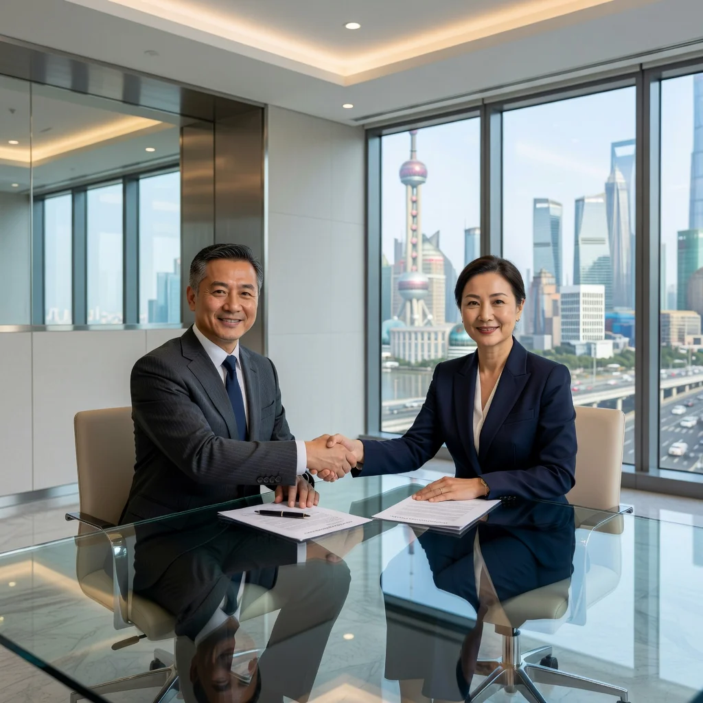 A photorealistic image of two professional adults in a modern office setting, shaking hands over a conference table with city skyline in the background, symbolizing a commercial sublease agreement in China. The scene conveys trust, partnership, and business transition without showing any legal documents.