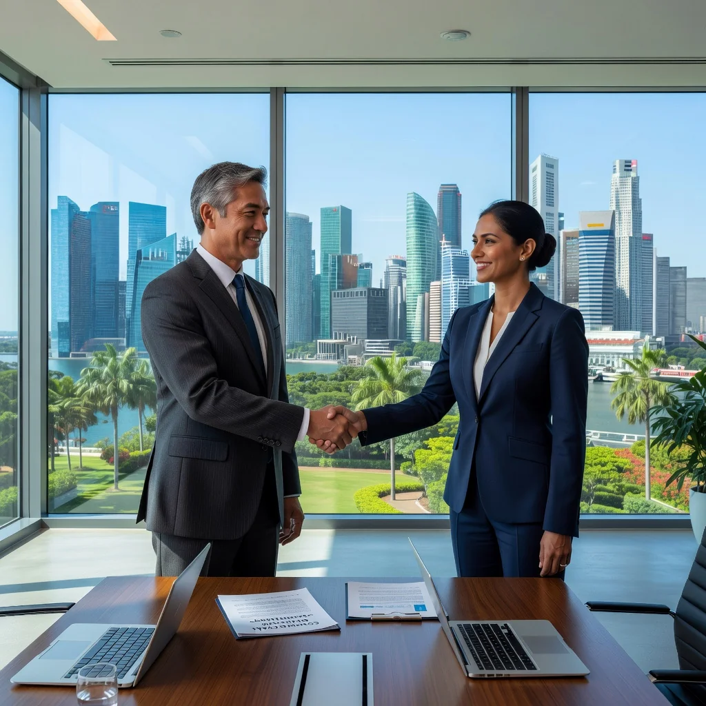 A photorealistic image of two professional adults in business attire shaking hands in a modern Singapore office building with city skyline visible through large windows, symbolizing a commercial sublease agreement, no children present.