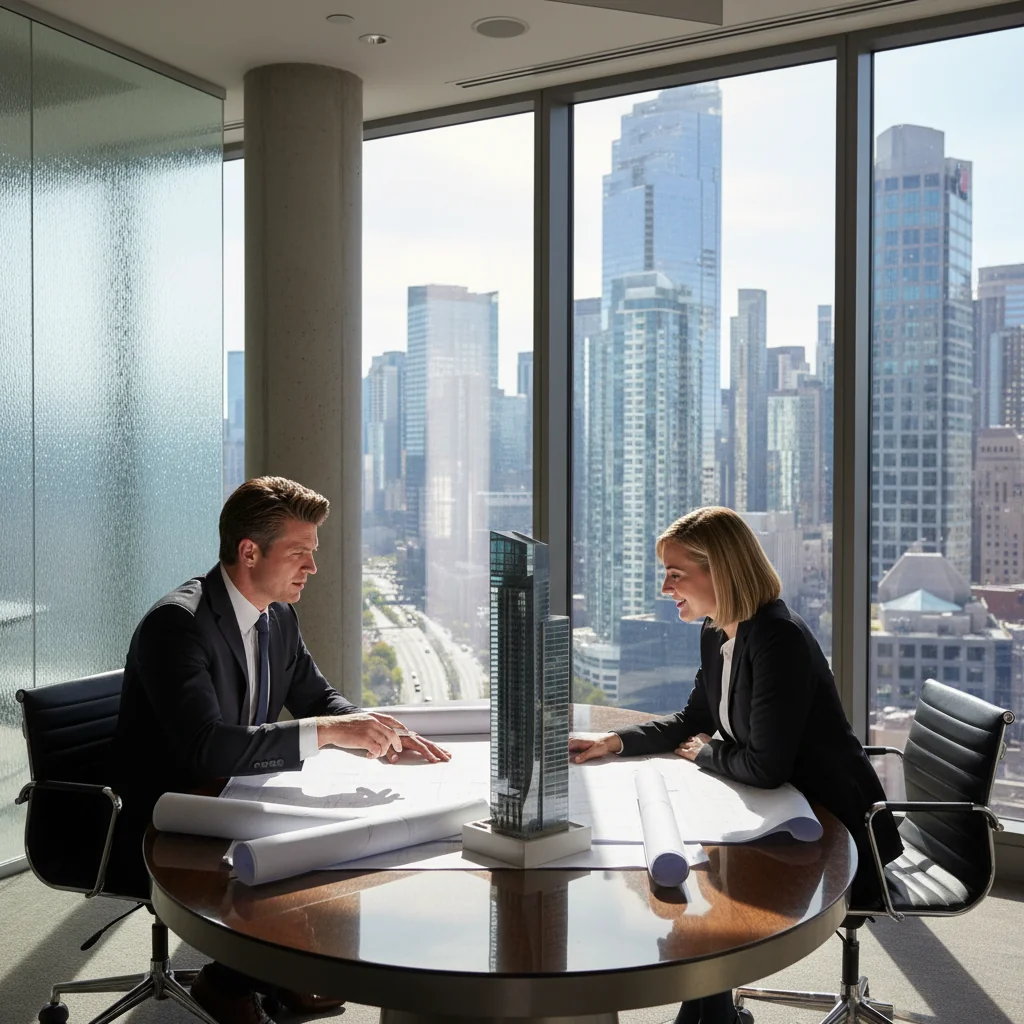 A photorealistic image of a professional business meeting in a modern commercial office space, showing adults discussing subleasing terms with handshakes and architectural plans of the property on the table, emphasizing commercial real estate leasing without any legal documents visible.