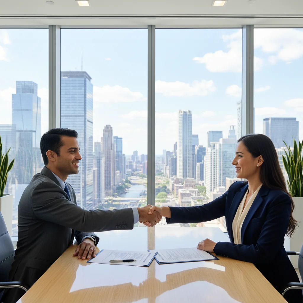 A photorealistic image of a professional business meeting in a modern commercial office space, where two adults are shaking hands over a desk with city skyline view in the background, symbolizing a secure sublease agreement for commercial real estate without focusing on any documents.