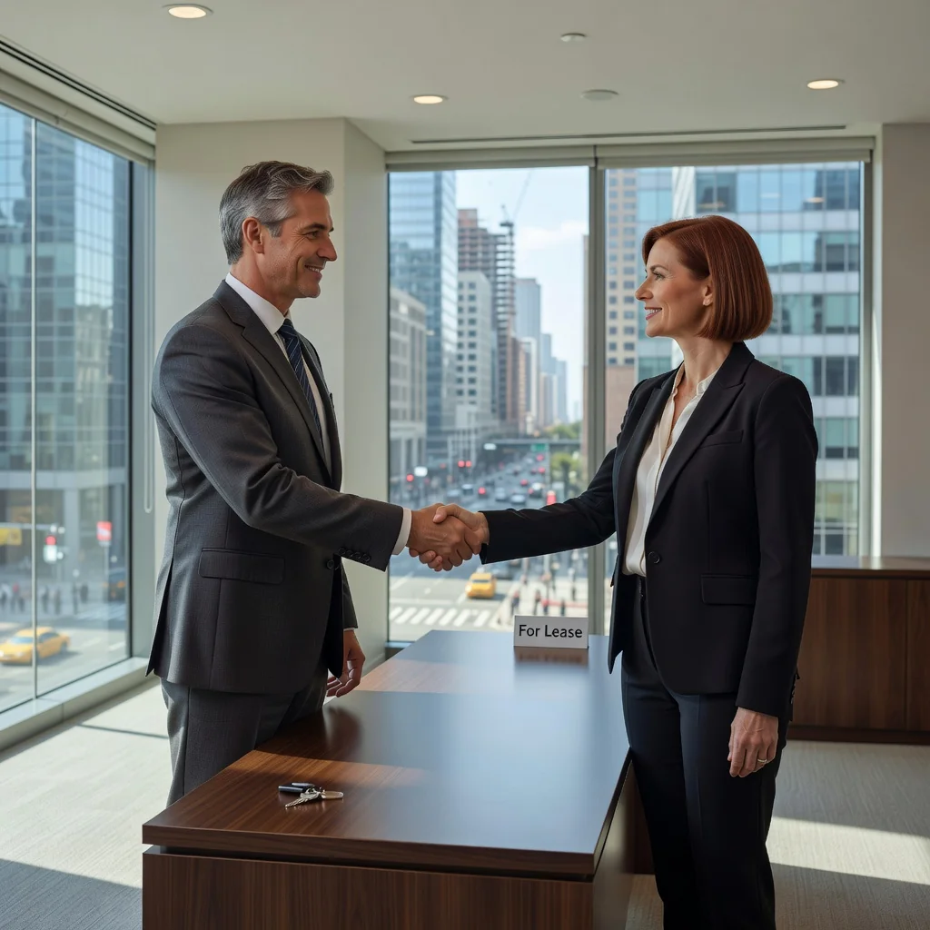 A photorealistic image of two professional business adults in a modern office setting, shaking hands over a desk with a city skyline view in the background, symbolizing a successful commercial sublease agreement without focusing on any documents.