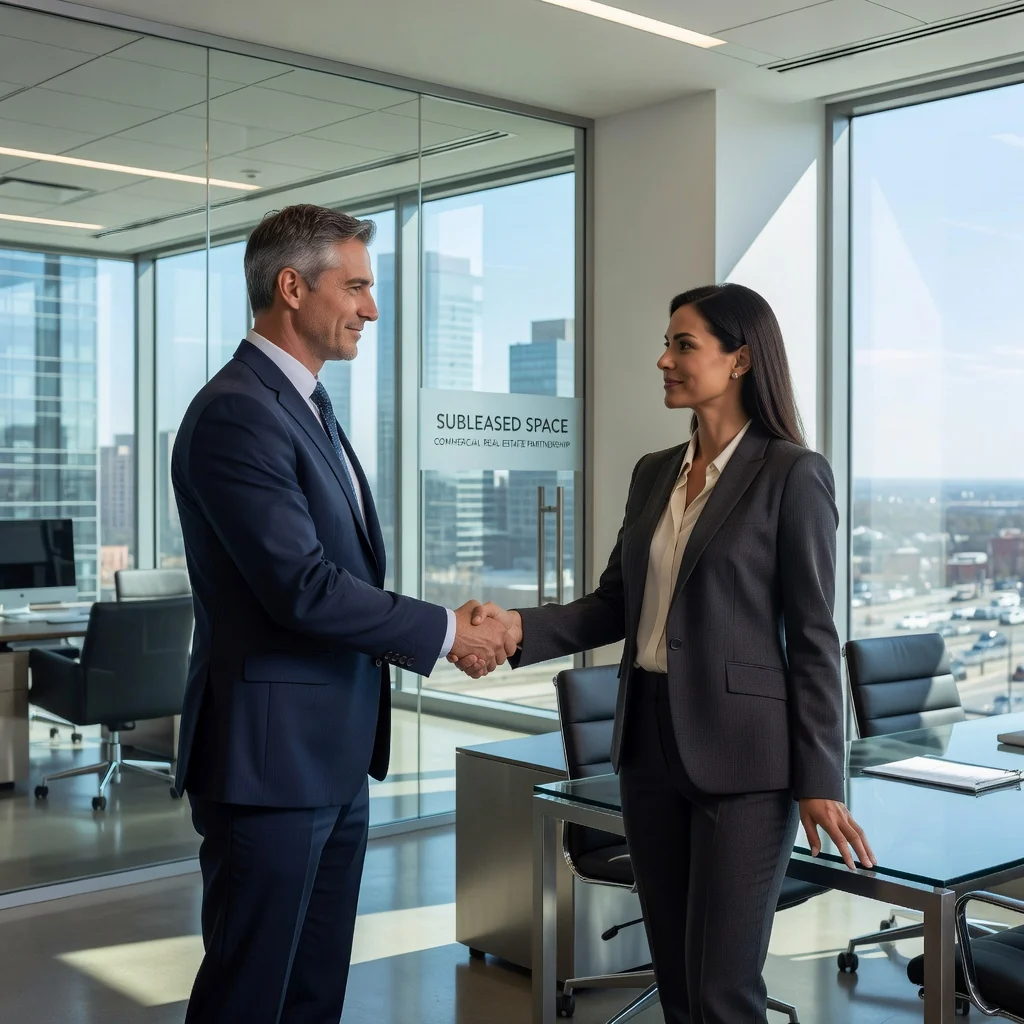 A photorealistic image depicting a professional business handshake between two adults in a modern commercial office space, symbolizing a commercial sublease agreement, with elements like a leased storefront or office interior in the background, conveying trust and partnership in business leasing.