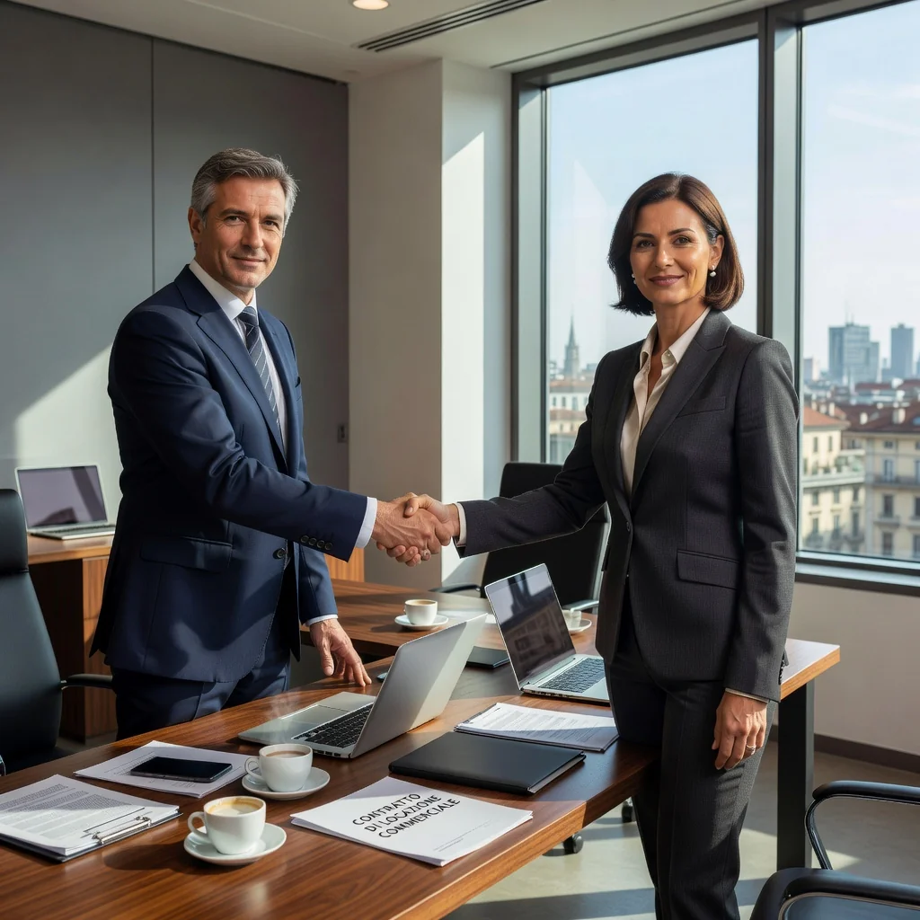 A photorealistic image of two professional adults in a modern commercial office space in Italy, shaking hands over a desk with cityscape view, symbolizing a business sublease agreement, no legal documents visible.