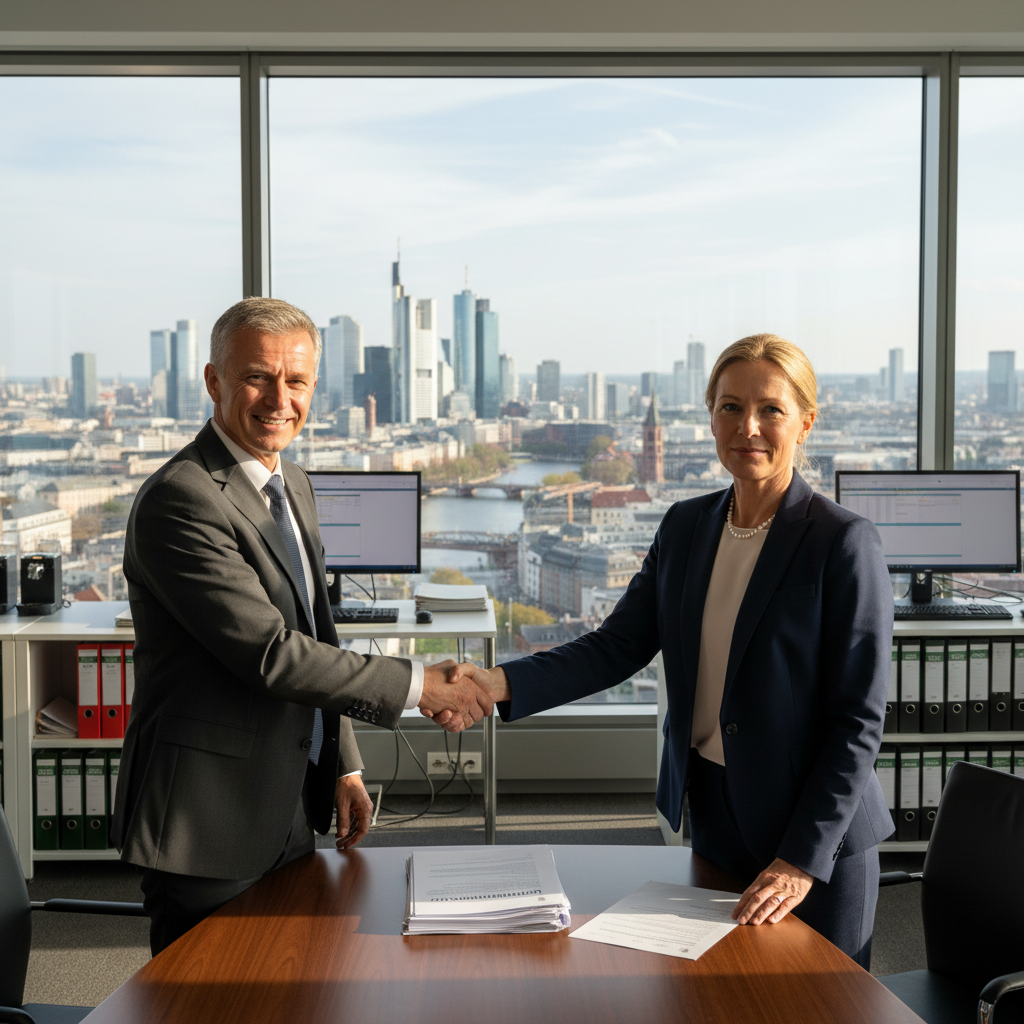 A photorealistic image depicting a professional business meeting in a modern commercial office space in Germany, where a landlord and tenant are shaking hands over a lease agreement for subletting commercial property, symbolizing legal compliance in subleasing business spaces. The scene includes office furniture, cityscape view through windows, and elements like briefcases and architectural blueprints, conveying trust, negotiation, and commercial real estate dealings. No children are present in the image.