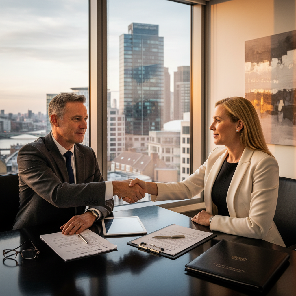 A photorealistic image of two professional adults, a landlord and a tenant, shaking hands in a modern commercial office space in the UK, symbolizing a business agreement for an underlease, with subtle UK elements like a Union Jack flag in the background, conveying trust and legal partnership without showing any documents.