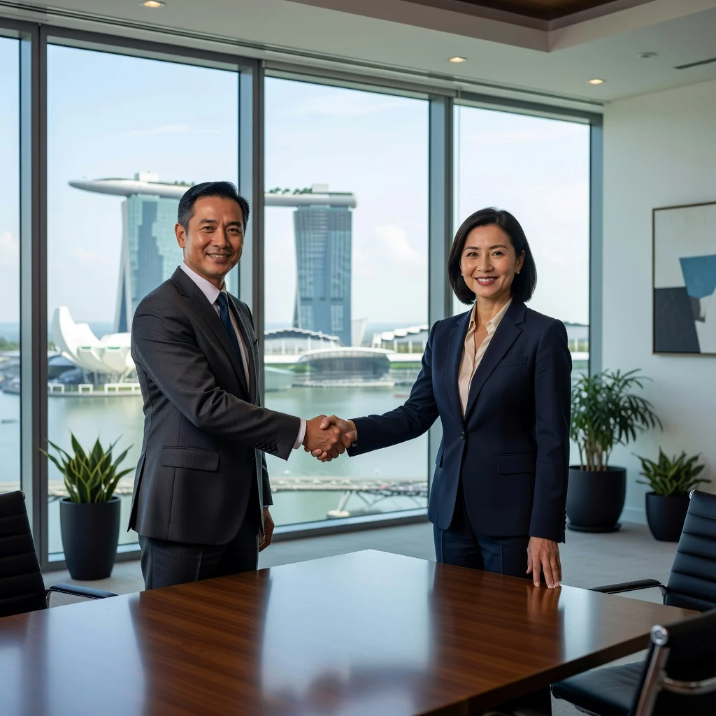 A photorealistic image of two professional adults in business attire shaking hands across a conference table in a modern Singapore office space, with city skyline visible through large windows, symbolizing a successful commercial sublease agreement without focusing on any legal documents.