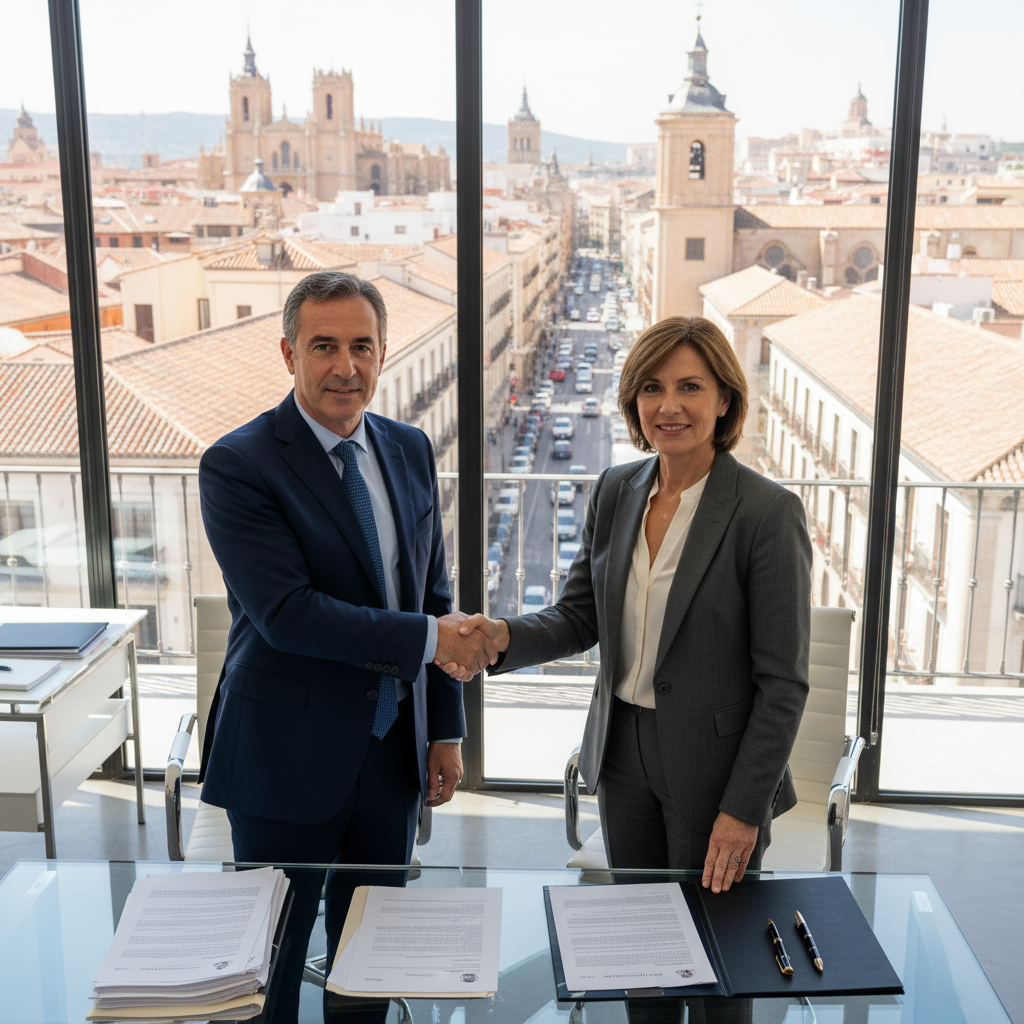 A photorealistic image of two professional adults, a landlord and a tenant, shaking hands in a modern commercial office space during a business meeting about subleasing, with office furniture and city view in the background, symbolizing rights and obligations in Spanish commercial subleasing.