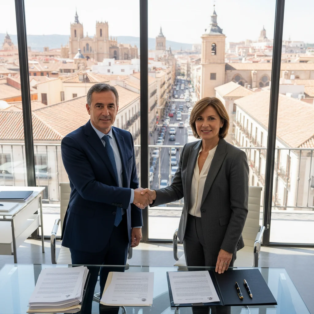 A photorealistic image of two professional adults, a landlord and a tenant, shaking hands in a modern commercial office space during a business meeting about subleasing, with office furniture and city view in the background, symbolizing rights and obligations in Spanish commercial subleasing.