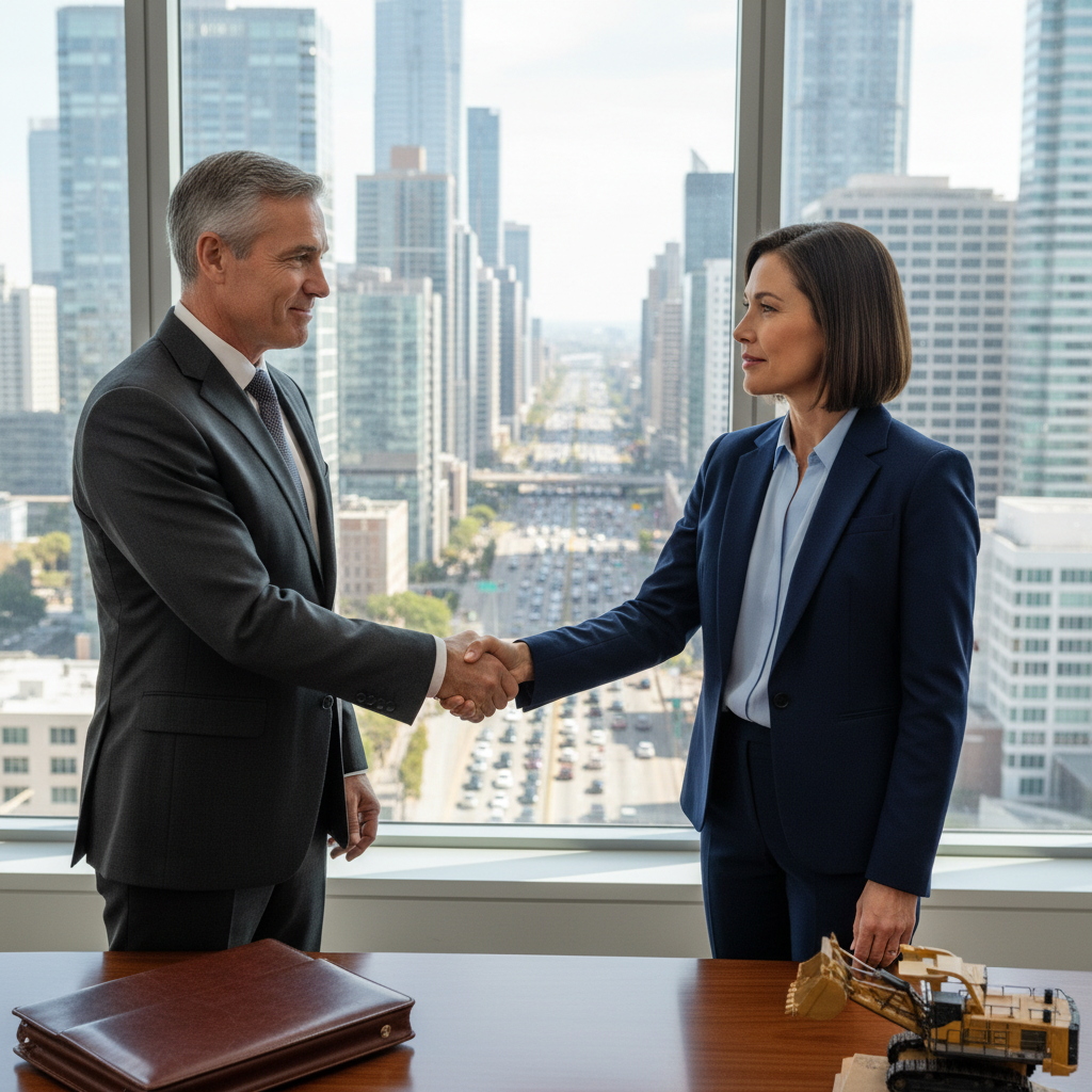 A photorealistic image of two professional business adults, a man and a woman in business attire, shaking hands in a modern office setting with large windows overlooking a cityscape, symbolizing a successful commercial contract agreement for heavy machinery or equipment, no children or any individuals under 18 visible, highly detailed and realistic photography style.