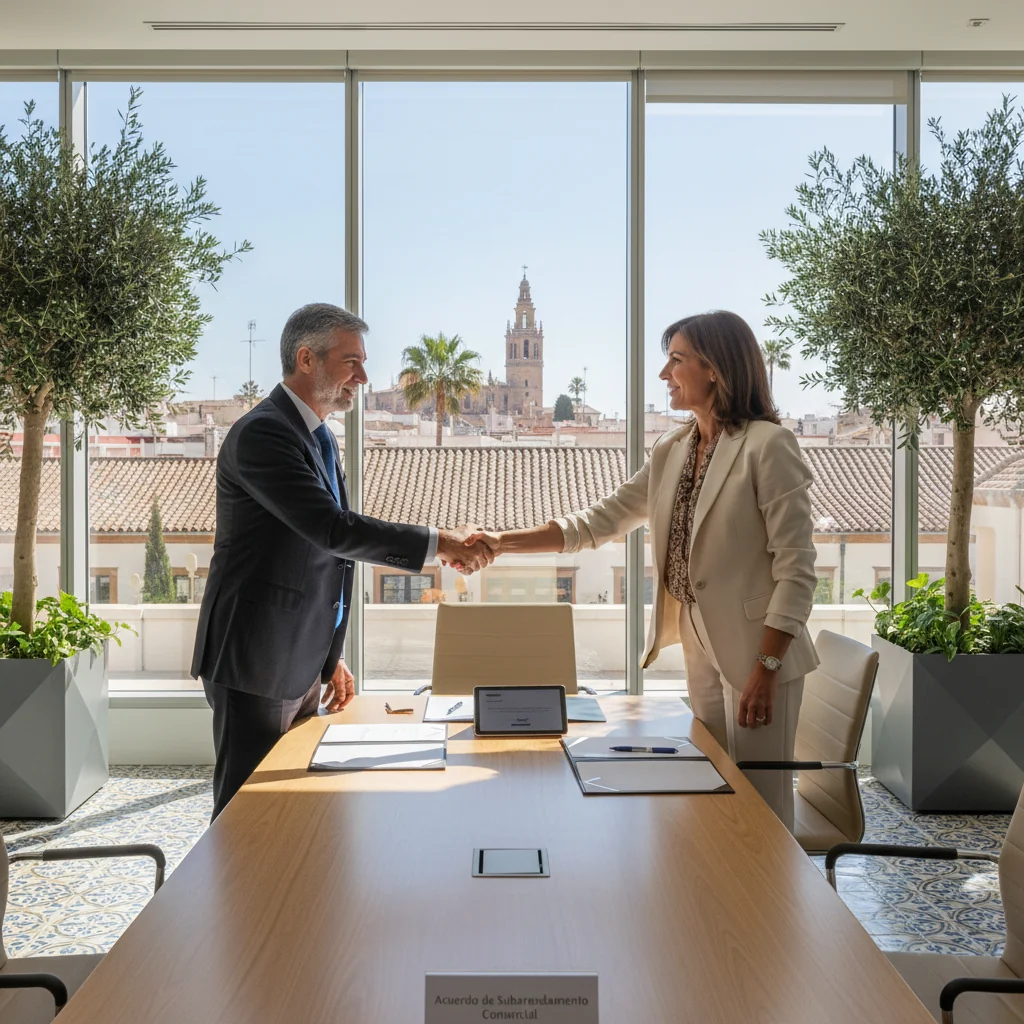 A photorealistic image of two professional adults shaking hands in a modern commercial office space in Spain, symbolizing a commercial sublease agreement, with subtle Spanish elements like a flag or architecture in the background, conveying trust and business partnership.