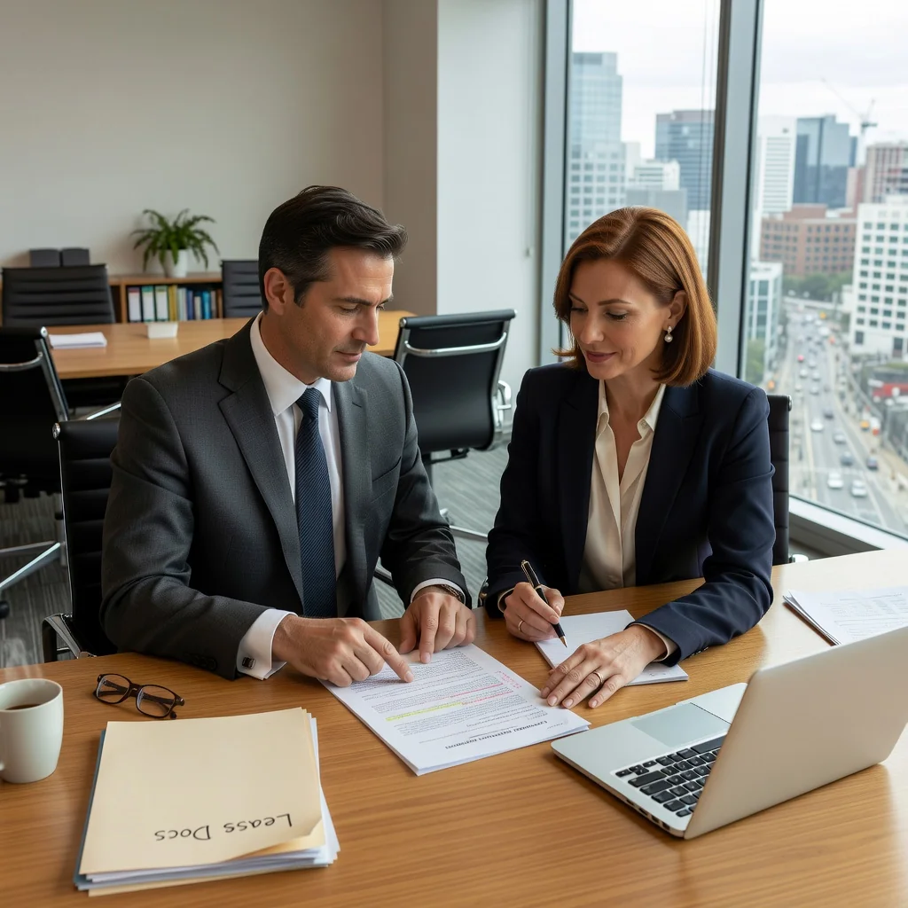A photorealistic image depicting a professional business setting for commercial subleasing, showing an adult entrepreneur in a modern office space, reviewing a lease agreement with a real estate agent, emphasizing rights and obligations in a commercial sublet contract, no children present.