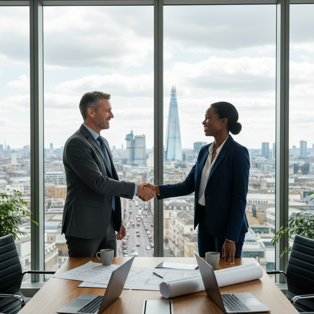 A photorealistic image of two professional adults in a modern commercial office space in the UK, shaking hands over a desk with a city skyline view through large windows, symbolizing a successful commercial underlease agreement.