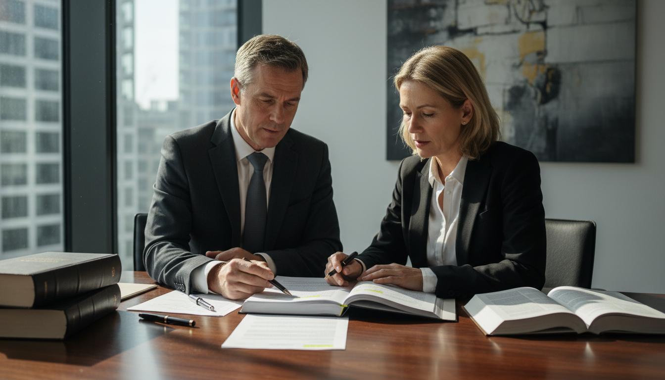 Business professionals reviewing lease contract