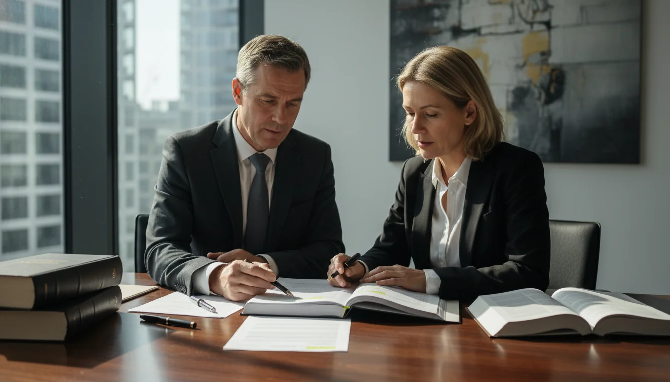 Business professionals reviewing lease contract