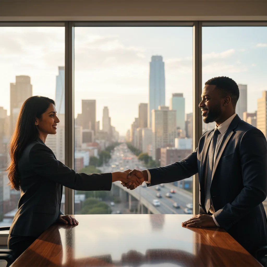 A professional business meeting in a modern office space, showing two business professionals shaking hands across a conference table, with a city skyline visible through large windows, symbolizing the negotiation and agreement of a commercial sublease.