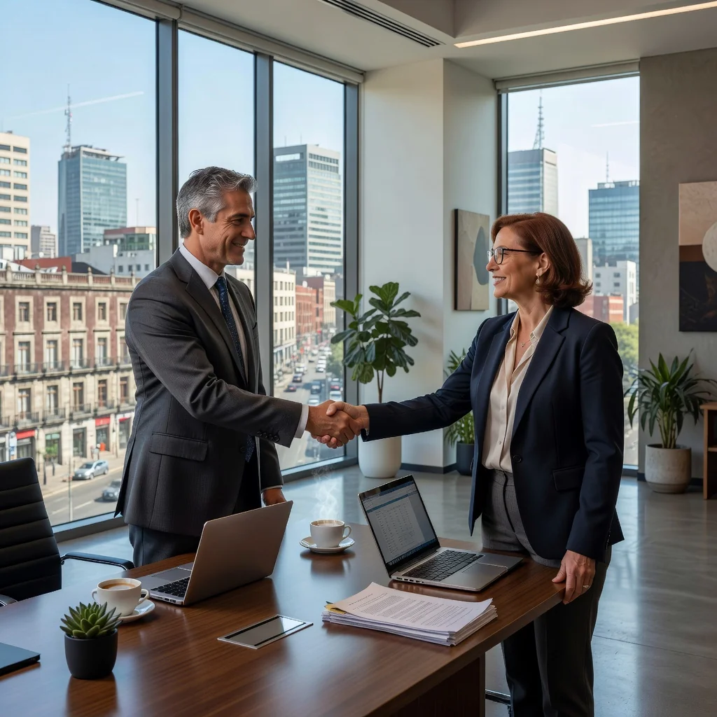 A photorealistic image of two professional adults, a landlord and a tenant, shaking hands in a modern commercial office space in Mexico, symbolizing a commercial sublease agreement, with elements like a city skyline visible through windows and business attire, no children present.