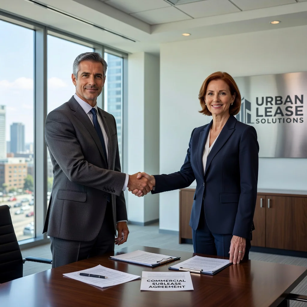 A photorealistic image of two professional adults, a landlord and a tenant, shaking hands in a modern commercial office space with large windows and contemporary furniture, symbolizing the agreement for a commercial sublease. The atmosphere is professional and positive, with natural daylight illuminating the scene. No children are present in the image.
