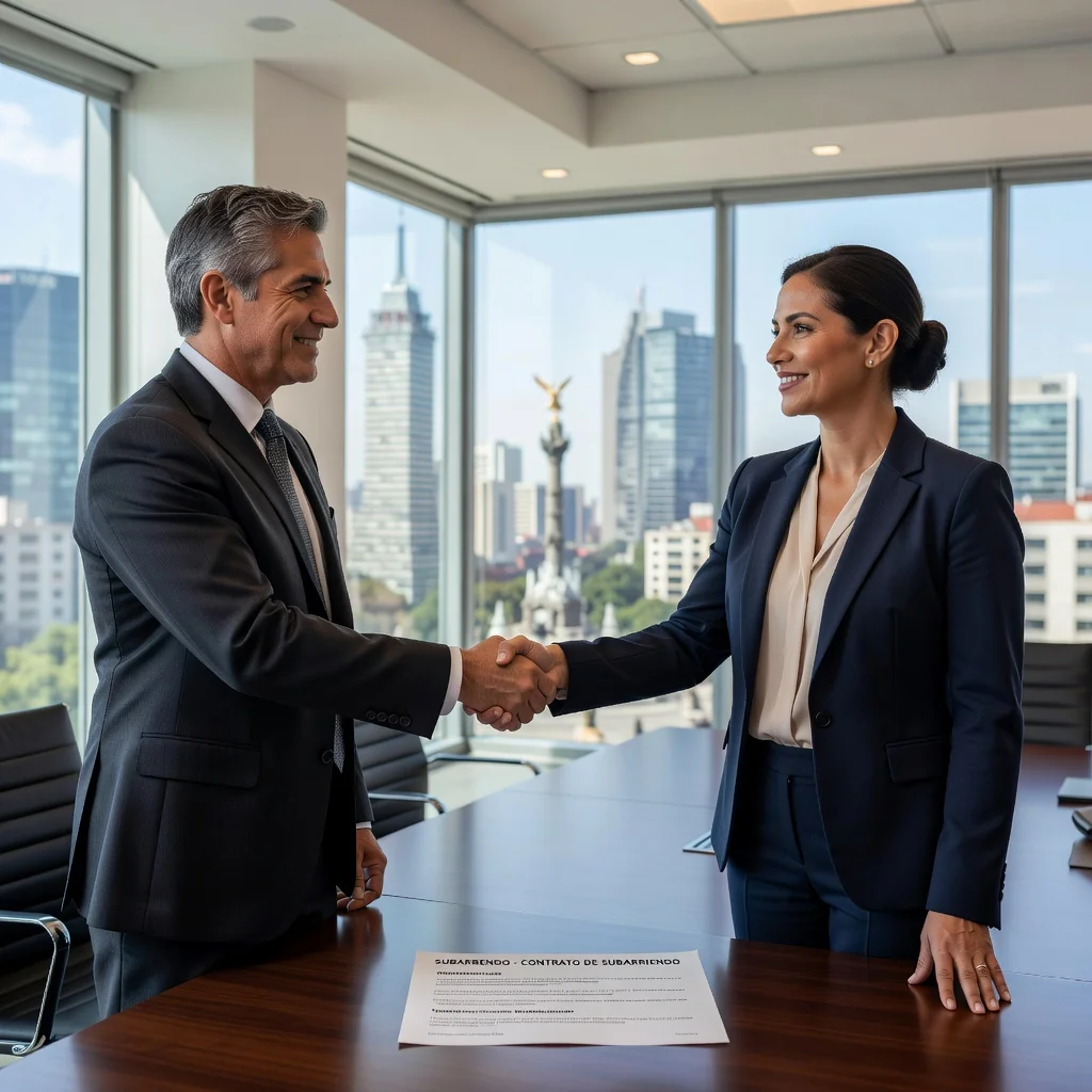 A photorealistic image depicting a professional business meeting in a modern commercial office space in Mexico, where two adults are shaking hands over a desk with city skyline view, symbolizing commercial subleasing agreement and partnership, no legal documents visible, diverse adult professionals in business attire.