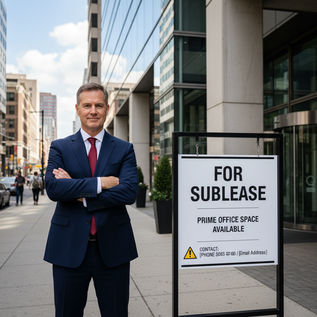 A photorealistic image depicting the concept of commercial subletting, showing a professional businessperson standing in front of a modern storefront, symbolizing the advantages and risks of subleasing commercial space, with subtle elements like a lease agreement in hand but not focused on the document itself.