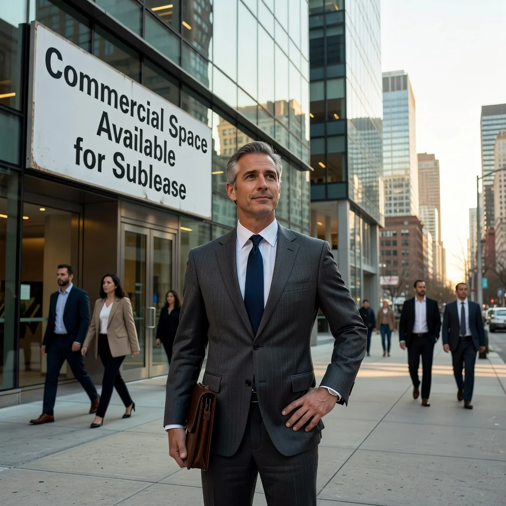 A photorealistic image representing the benefits and risks of entering a commercial sublease in the United States, showing a professional adult businessperson standing confidently in front of a modern office building with a 'For Sublease' sign visible in the background, symbolizing opportunity and caution in commercial real estate decisions, no children present.