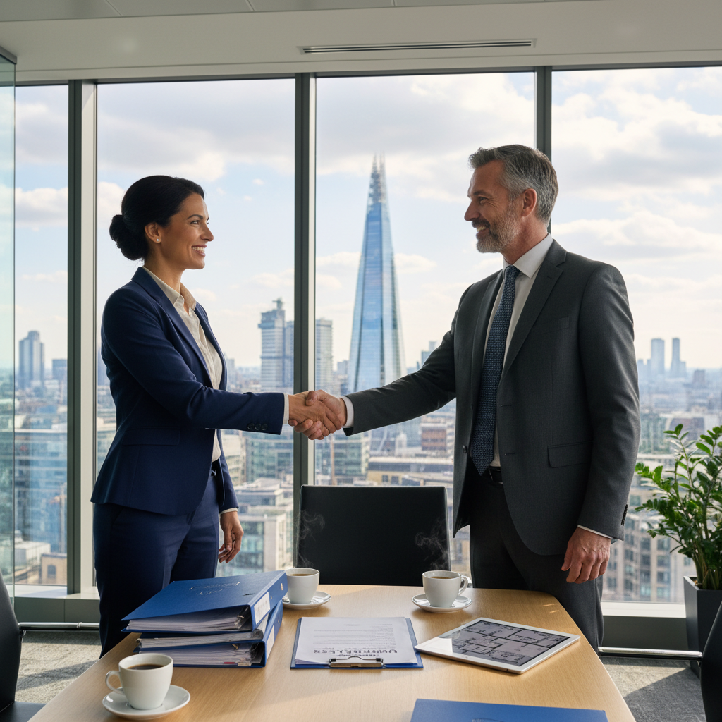 A professional business meeting in a modern UK office, with two adults in business attire shaking hands over a conference table, symbolizing a commercial property agreement, photorealistic style, no children present.