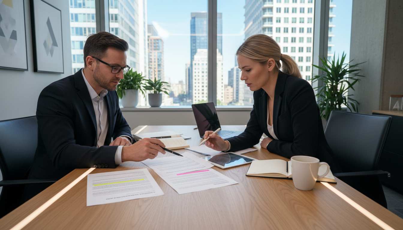 Business professionals reviewing lease contract