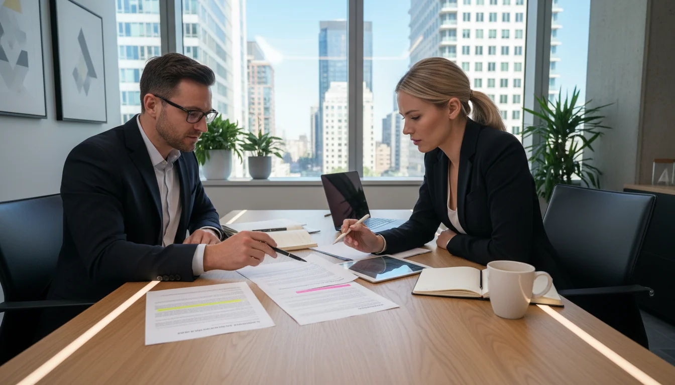 Business professionals reviewing lease contract
