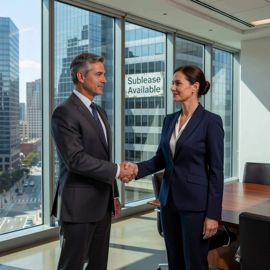 A photorealistic image depicting two professional adults in a modern office setting, one handing keys to the other, symbolizing a commercial sublease agreement, with subtle background elements like a 'For Sublease' sign on a building exterior visible through a window, conveying risk assessment and strategic business decisions without focusing on legal documents.
