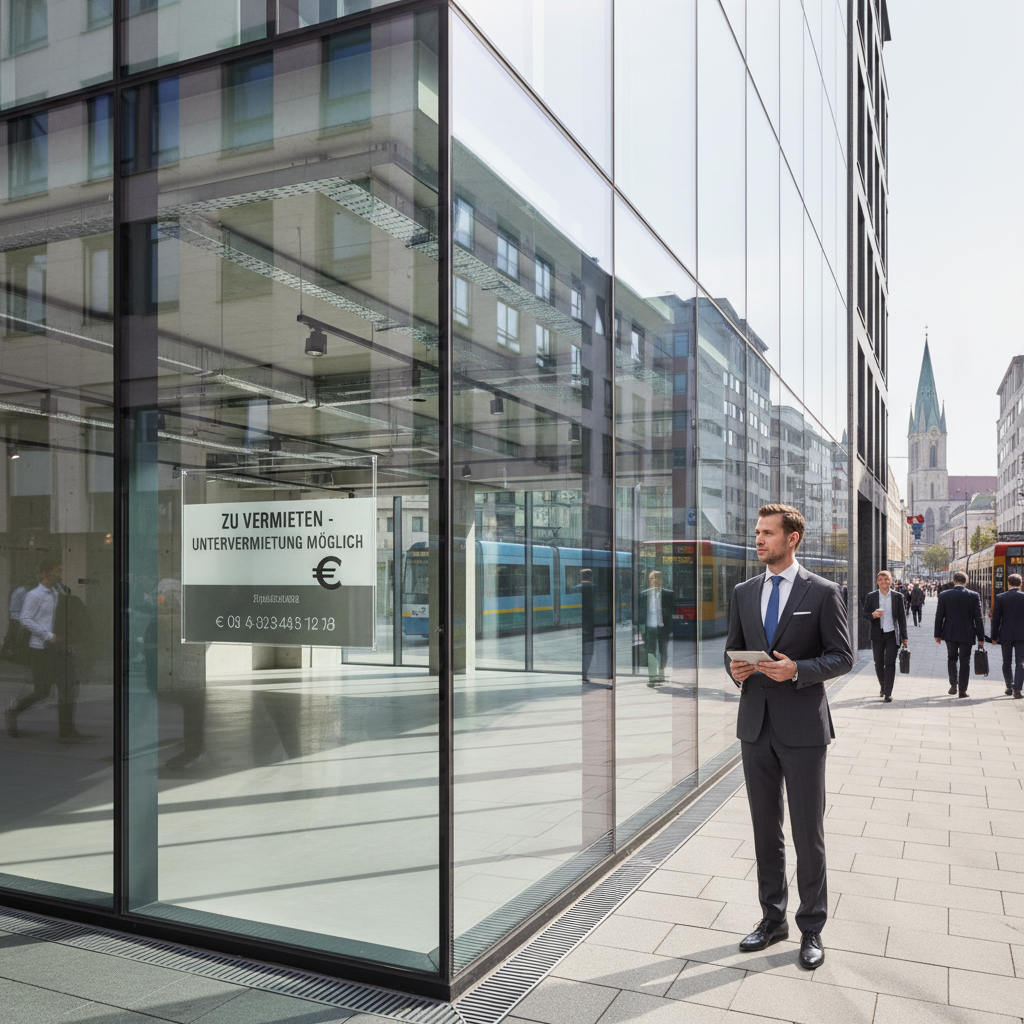 A photorealistic image of a modern German commercial space, such as a well-lit office or retail storefront in an urban setting like Berlin, with subtle business activity like a professional viewing the space or a 'to let' sign, evoking the concept of subleasing commercial property without showing any legal documents or children.