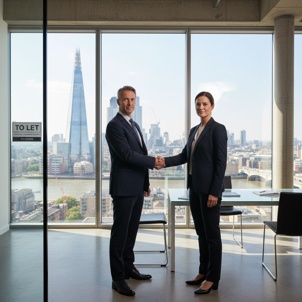 A photorealistic image of two professional adults in business attire shaking hands in a modern commercial office building in the United Kingdom, symbolizing a commercial underlease agreement. The scene includes elements like a 'To Let' sign on a window and city skyline in the background, conveying property leasing without focusing on documents. No children are present.
