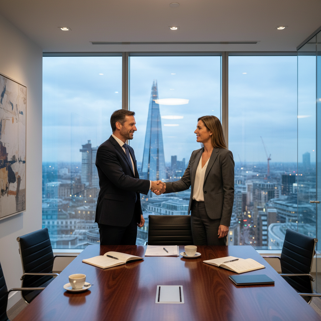 A professional scene in a modern UK commercial office building, showing a business professional in a suit shaking hands with another professional across a desk, symbolizing a commercial lease agreement, with city skyline visible through large windows, photorealistic style.